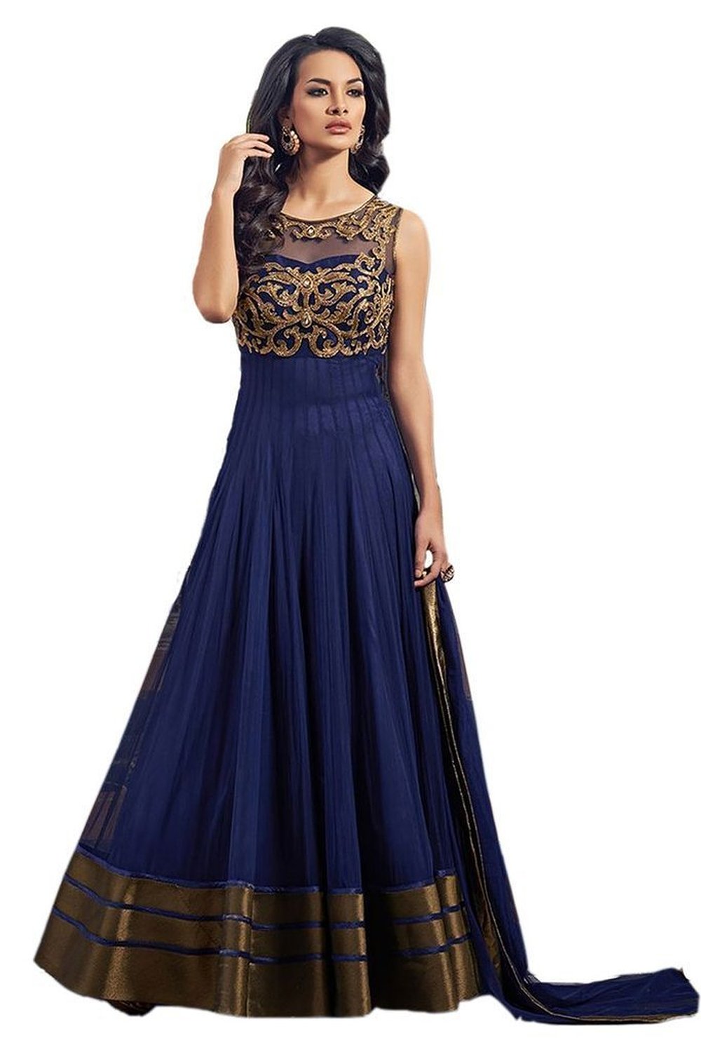 Janasya Women's Blue Net Semi Stiched Dress