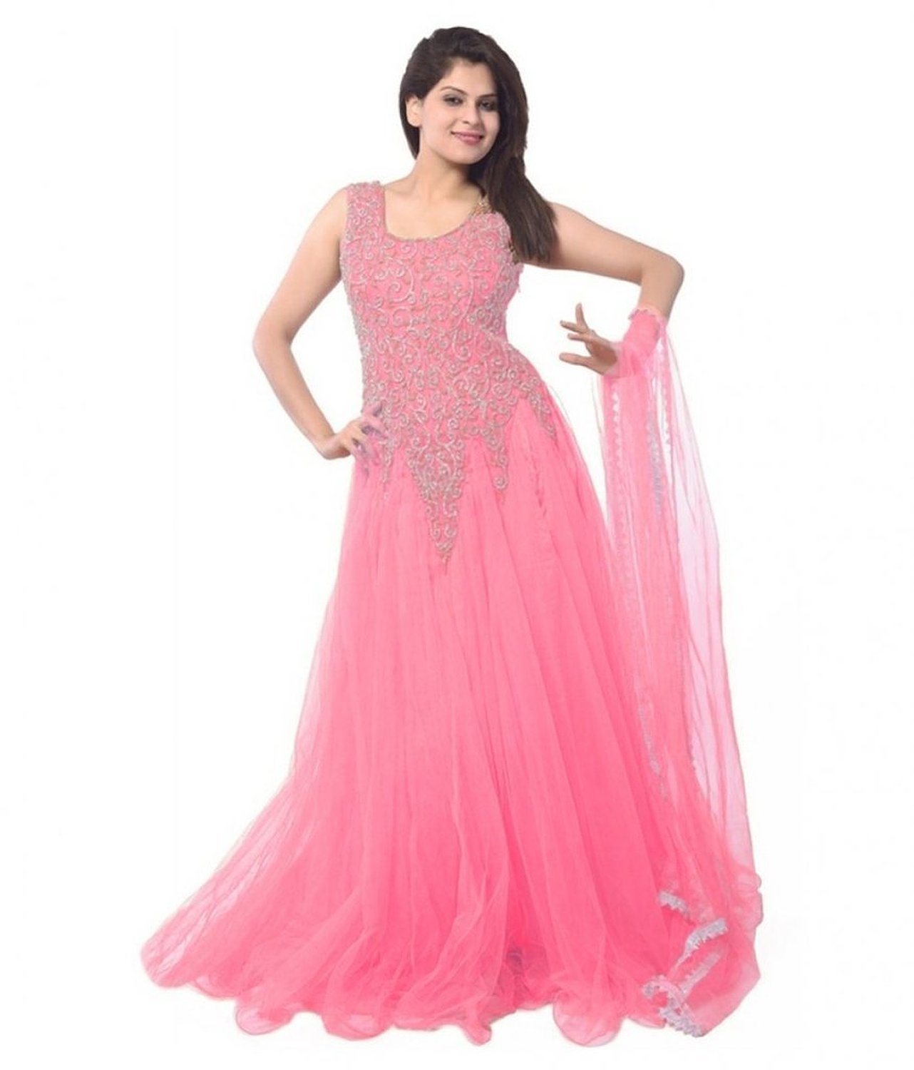 Janasya Women's Pink Net Semi Stitched Dress